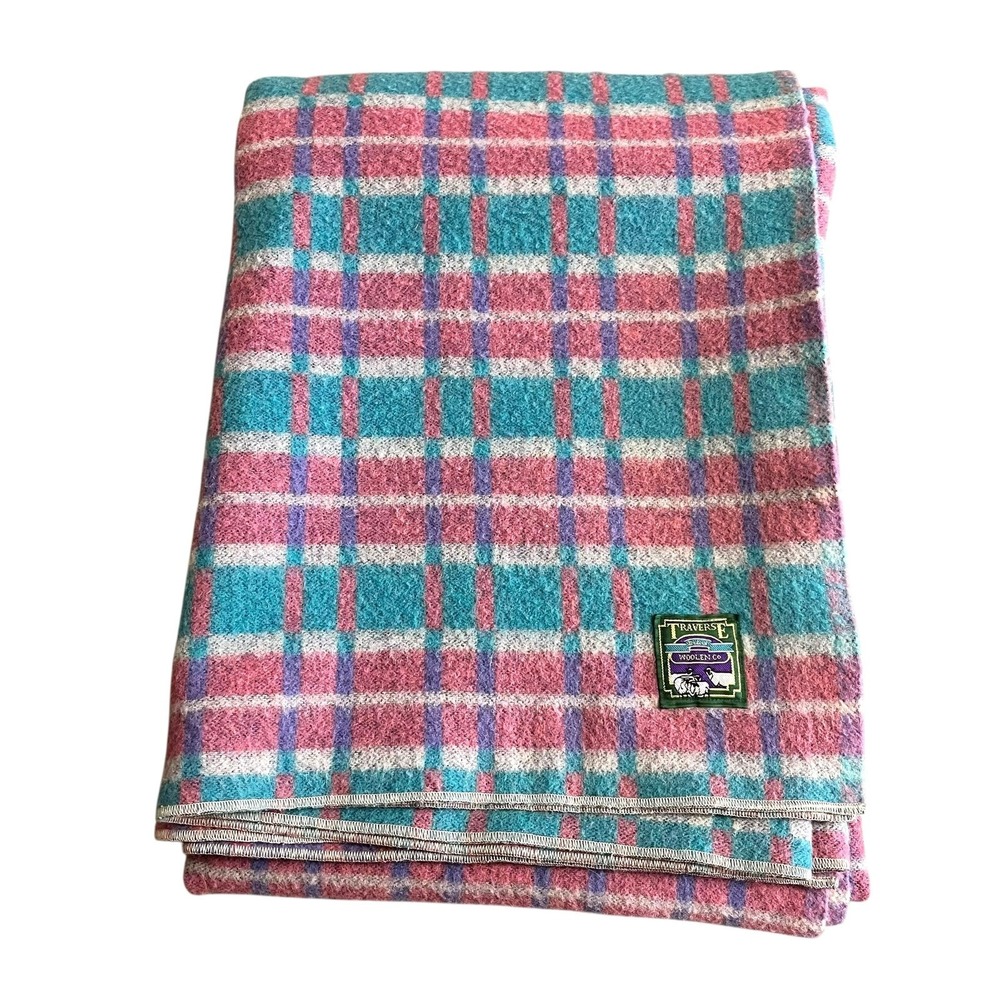 Vintage Traverse Bay Woolen Co Wool Blanket 56x81 Plaid Pink Aqua Purple USA - Picture 6 of 10